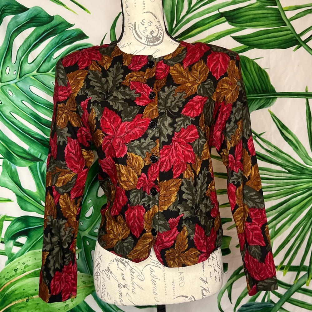 Vintage Lee Winter S Fall Autumn Red Brown Leaf Pattern Office Crop Cardigan